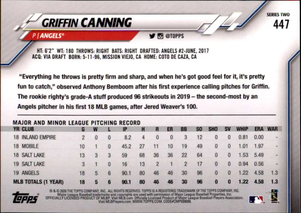 2020 Topps #447 Griffin Canning NM-MT Los Angeles Angels Baseball Card - Baseball Card Single