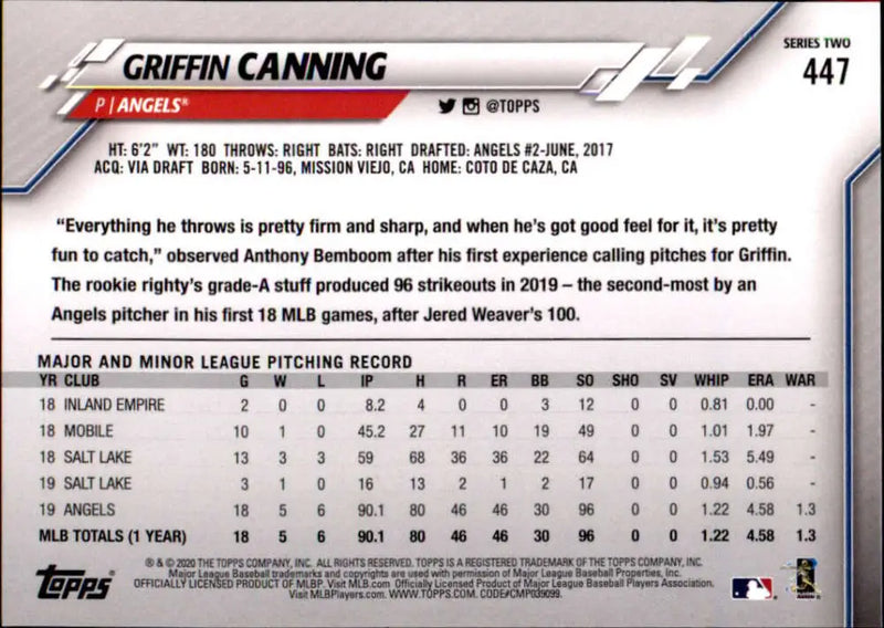 2020 Topps #447 Griffin Canning NM-MT Los Angeles Angels Baseball Card - Baseball Card Single