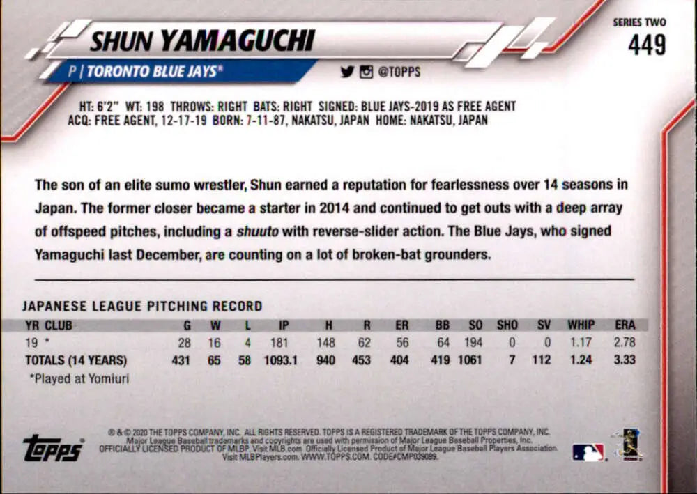 2020 Topps #449 Shun Yamaguchi NM-MT RC Rookie Toronto Blue Jays Baseball Card - Baseball Card Single
