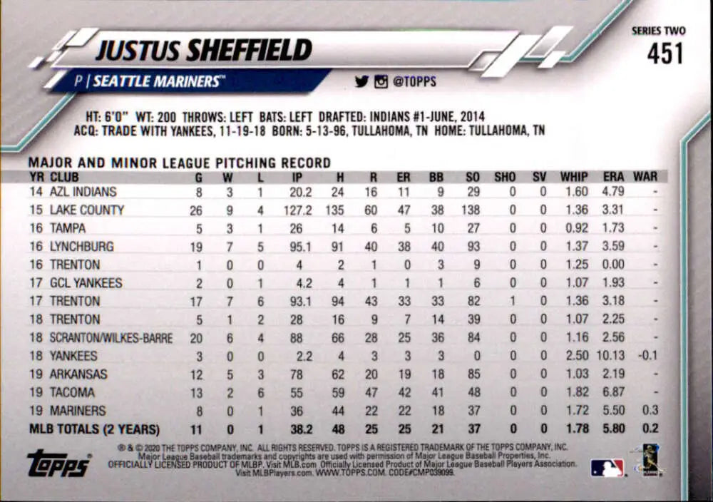 2020 Topps #451 Justus Sheffield NM-MT Seattle Mariners Baseball Card - Baseball Card Single