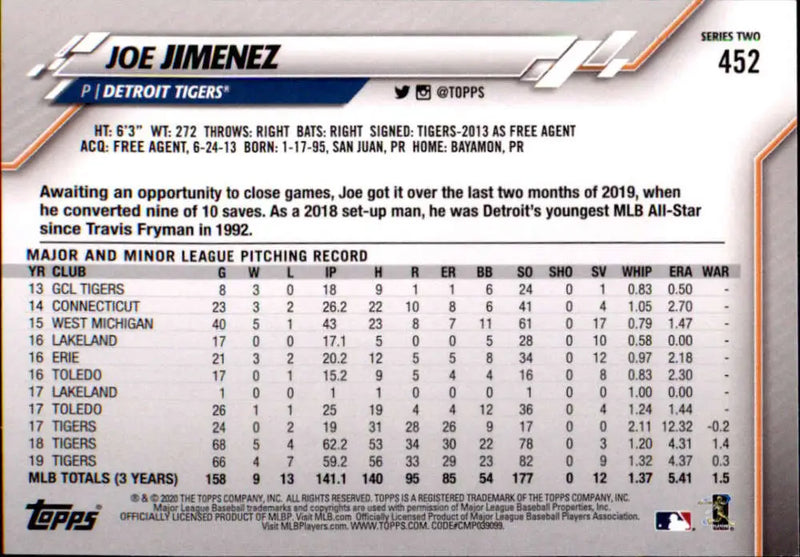 2020 Topps #452 Joe Jimenez NM-MT Detroit Tigers Baseball Card - Baseball Card Single