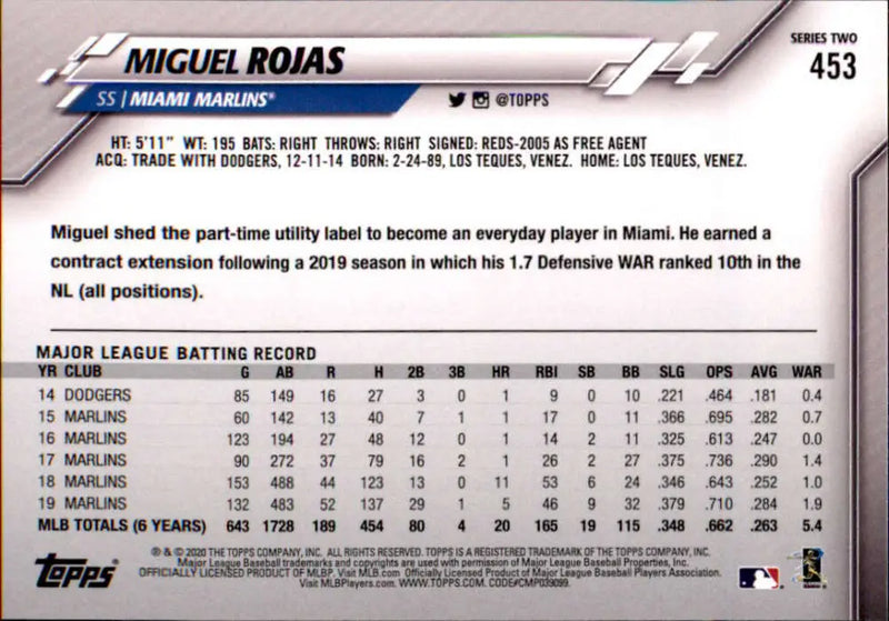 2020 Topps #453 Miguel Rojas NM-MT Miami Marlins Baseball Card - Baseball Card Single