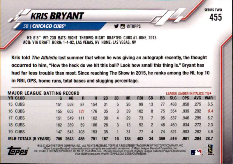 2020 Topps #455 Kris Bryant NM-MT Chicago Cubs Baseball Card - Baseball Card Single