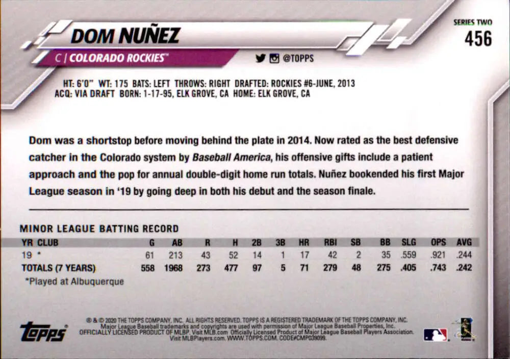 2020 Topps #456 Dom Nunez NM-MT RC Rookie Colorado Rockies Baseball Card - Baseball Card Single