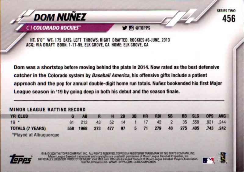 2020 Topps #456 Dom Nunez NM-MT RC Rookie Colorado Rockies Baseball Card - Baseball Card Single