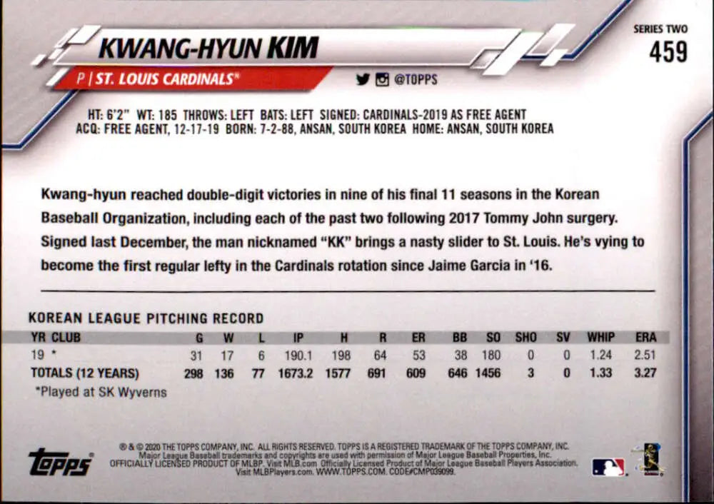 2020 Topps #459 Kwang-Hyun Kim NM-MT RC Rookie St. Louis Cardinals Baseball Card - Baseball Card Single