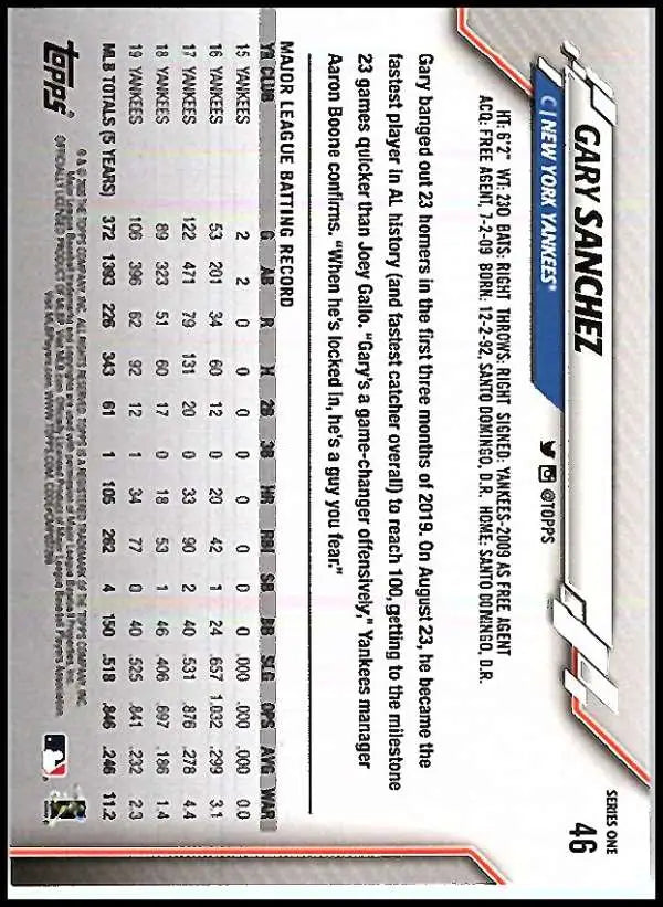 2020 Topps #46 Gary Sanchez NM-MT New York Yankees Baseball Card - Baseball Card Single