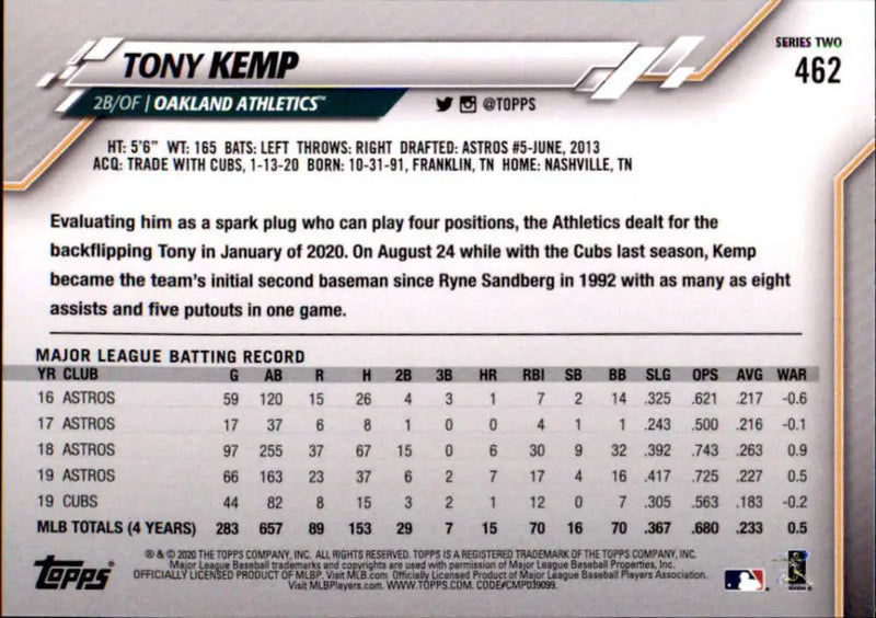 2020 Topps #462 Tony Kemp NM-MT Oakland Athletics Baseball Card - Baseball Card Single