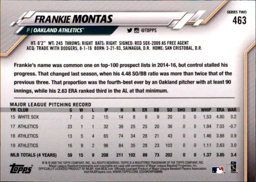 2020 Topps #463 Frankie Montas NM-MT Oakland Athletics Baseball Card - Baseball Card Single