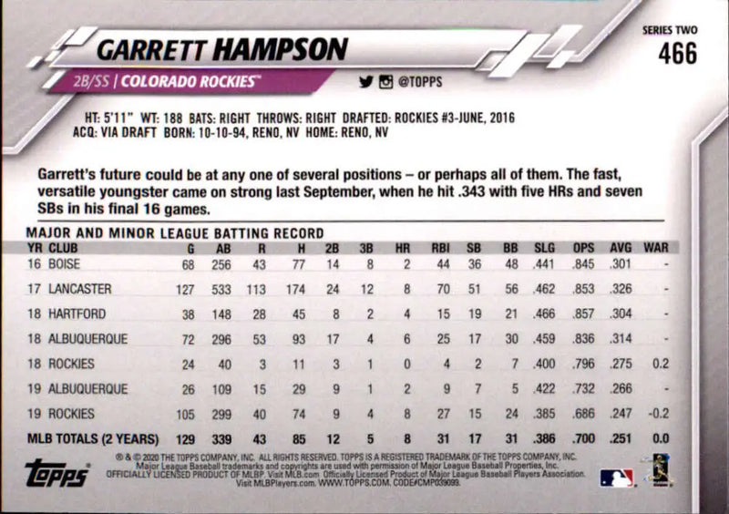 2020 Topps #466 Garrett Hampson NM-MT Colorado Rockies Baseball Card - Baseball Card Single