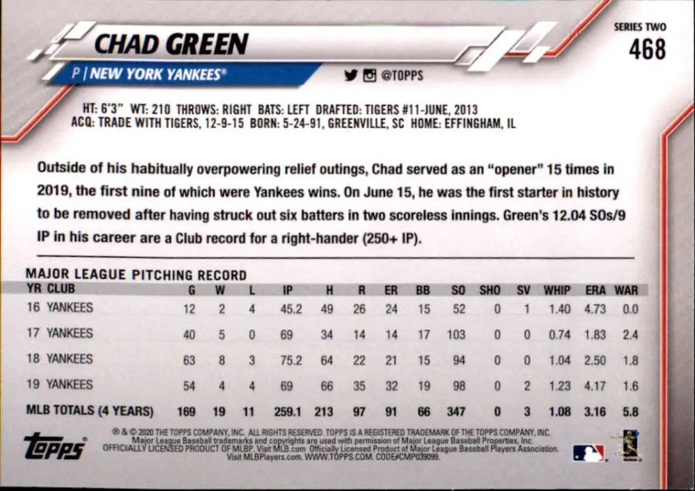 2020 Topps #468 Chad Green NM-MT New York Yankees Baseball Card - Baseball Card Single