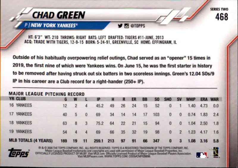 2020 Topps #468 Chad Green NM-MT New York Yankees Baseball Card - Baseball Card Single