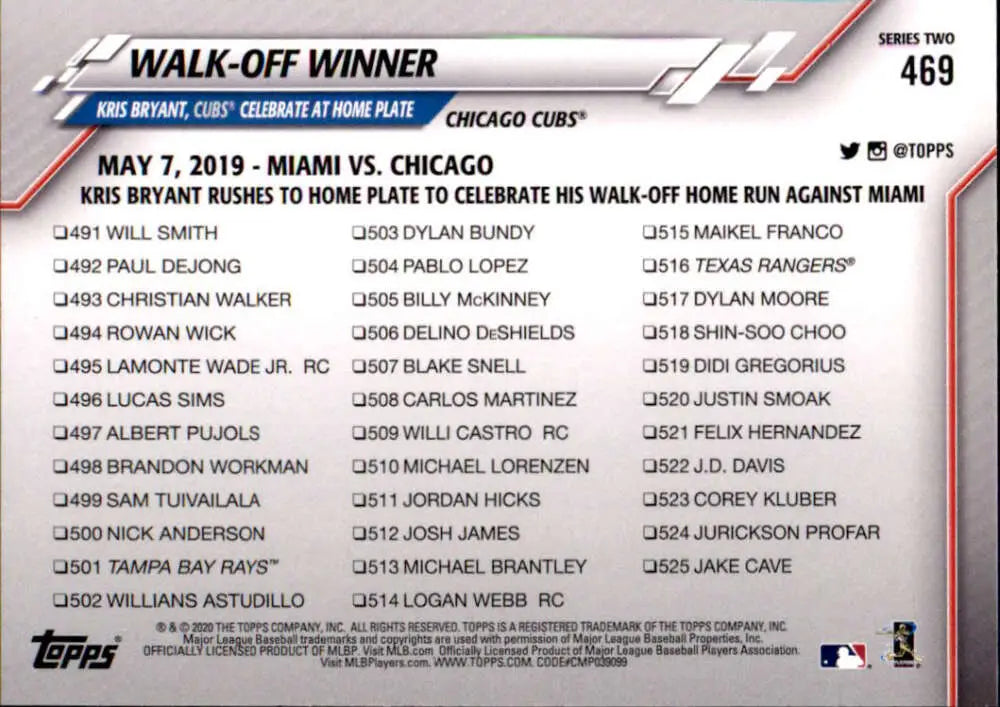 2020 Topps #469 Walk Off Winner NM-MT Chicago Cubs Baseball Card - Baseball Card Single