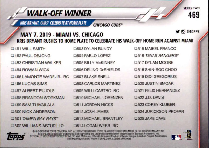2020 Topps #469 Walk Off Winner NM-MT Chicago Cubs Baseball Card - Baseball Card Single