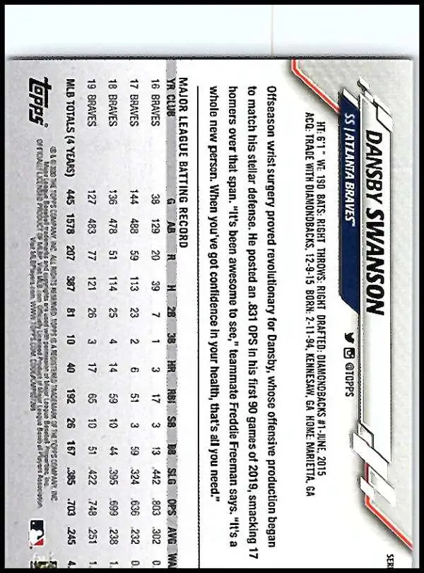2020 Topps #47 Dansby Swanson NM-MT Atlanta Braves Baseball Card - Baseball Card Single