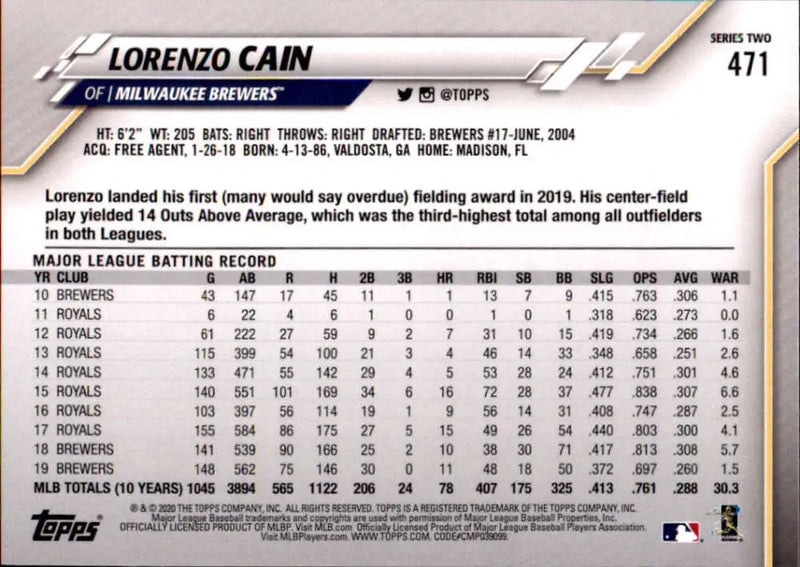 2020 Topps #471 Lorenzo Cain NM-MT Milwaukee Brewers Baseball Card - Baseball Card Single