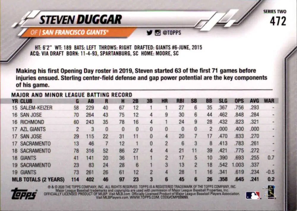 2020 Topps #472 Steven Duggar NM-MT San Francisco Giants Baseball Card - Baseball Card Single