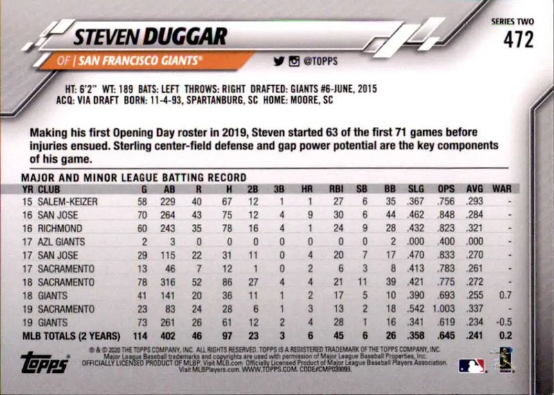 2020 Topps #472 Steven Duggar NM-MT San Francisco Giants Baseball Card - Baseball Card Single