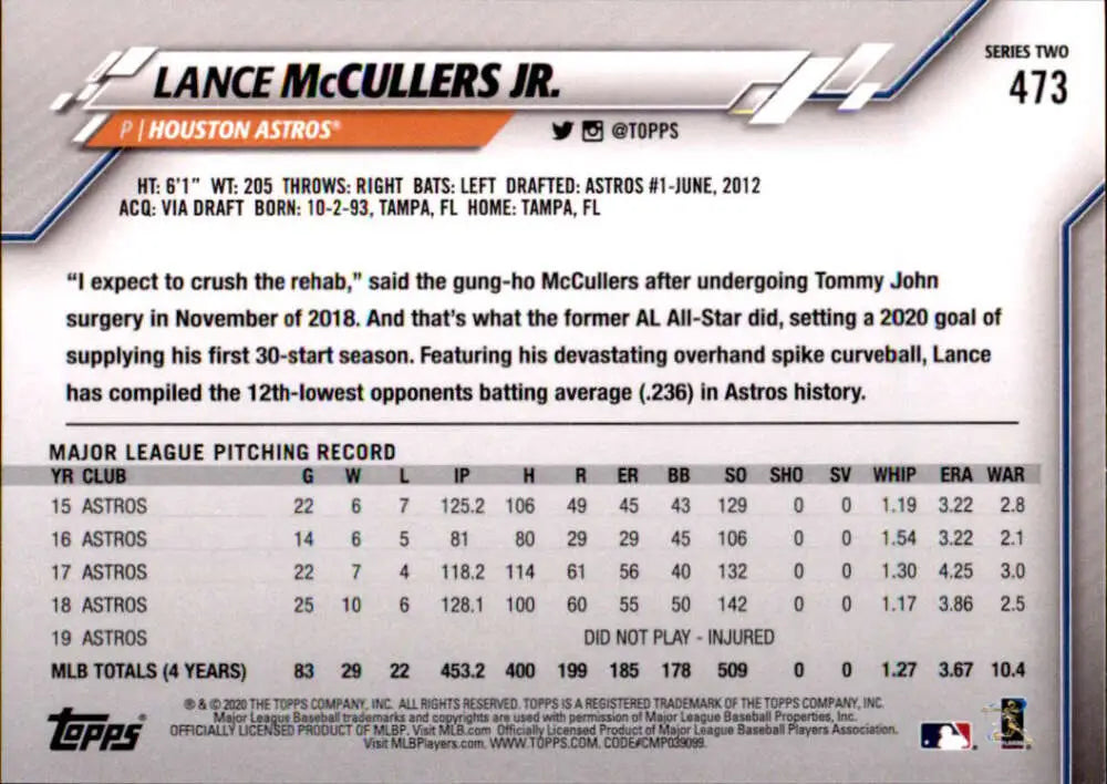 2020 Topps #473 Lance McCullers Jr. NM-MT Houston Astros Baseball Card - Baseball Card Single
