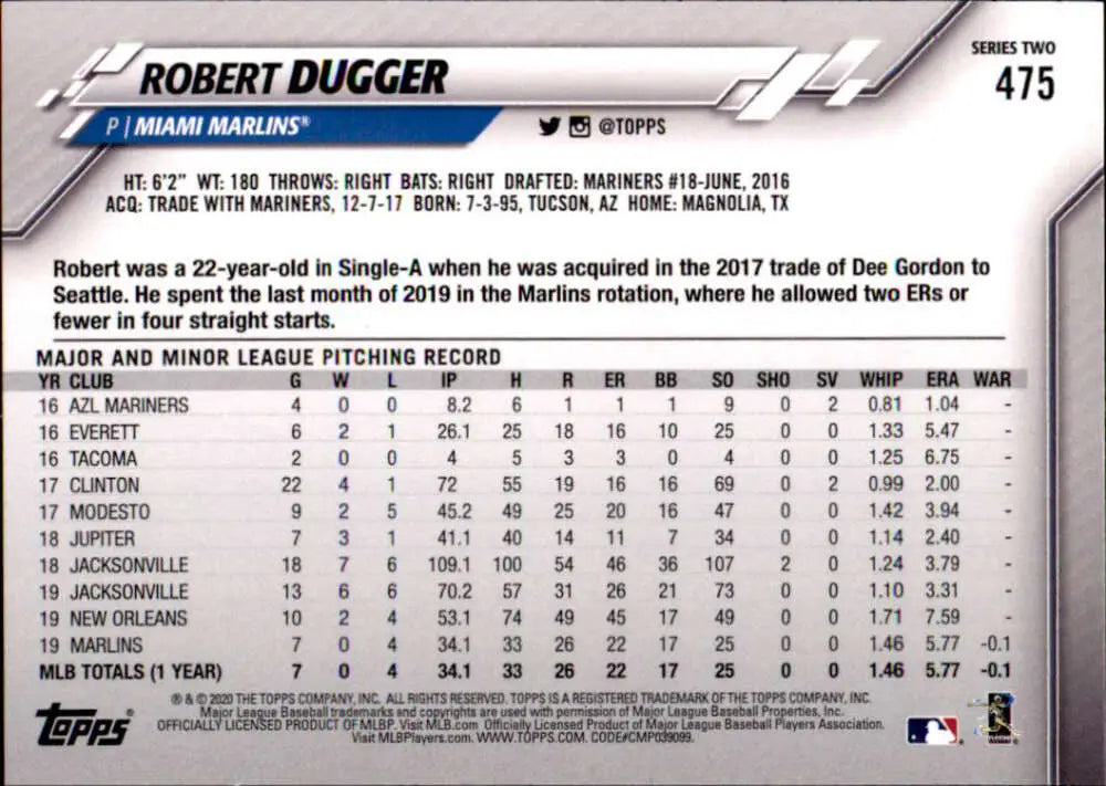2020 Topps #475 Robert Dugger NM-MT RC Rookie Miami Marlins Baseball Card - Baseball Card Single