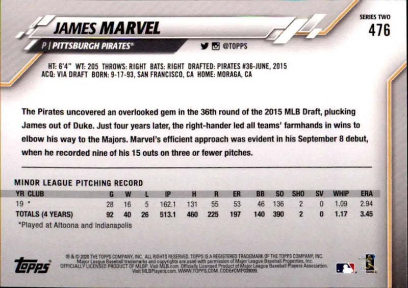 2020 Topps #476 James Marvel NM-MT RC Rookie Pittsburgh Pirates Baseball Card - Baseball Card Single
