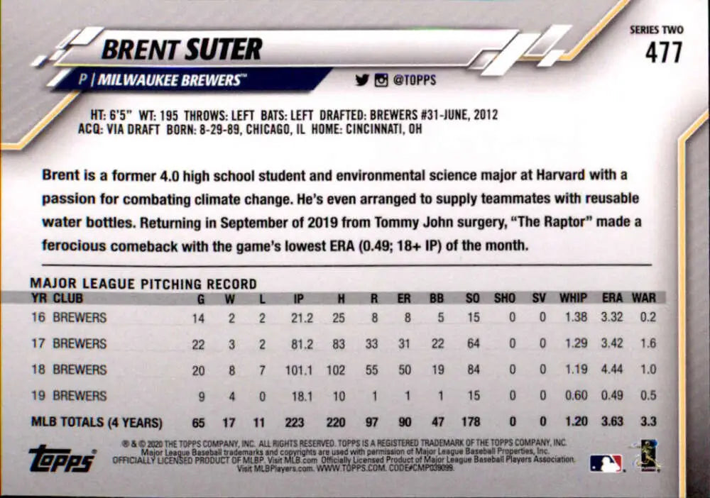 2020 Topps #477 Brent Suter NM-MT Milwaukee Brewers Baseball Card - Baseball Card Single
