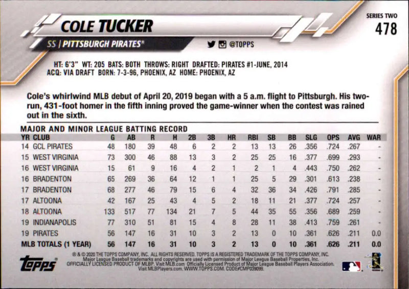 2020 Topps #478 Cole Tucker NM-MT Pittsburgh Pirates Baseball Card - Baseball Card Single