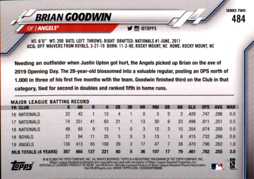 2020 Topps #484 Brian Goodwin NM-MT Los Angeles Angels Baseball Card - Baseball Card Single
