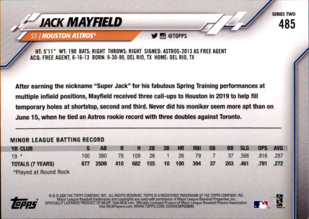 2020 Topps #485 Jack Mayfield NM-MT RC Rookie Houston Astros Baseball Card - Baseball Card Single