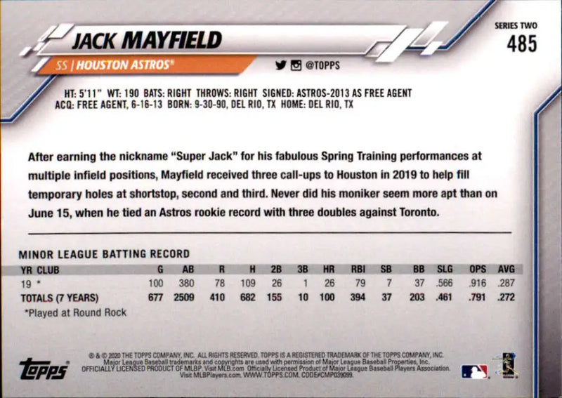 2020 Topps #485 Jack Mayfield NM-MT RC Rookie Houston Astros Baseball Card - Baseball Card Single