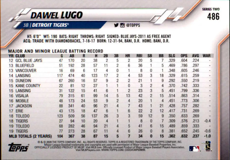 2020 Topps #486 Dawel Lugo NM-MT Detroit Tigers Baseball Card - Baseball Card Single