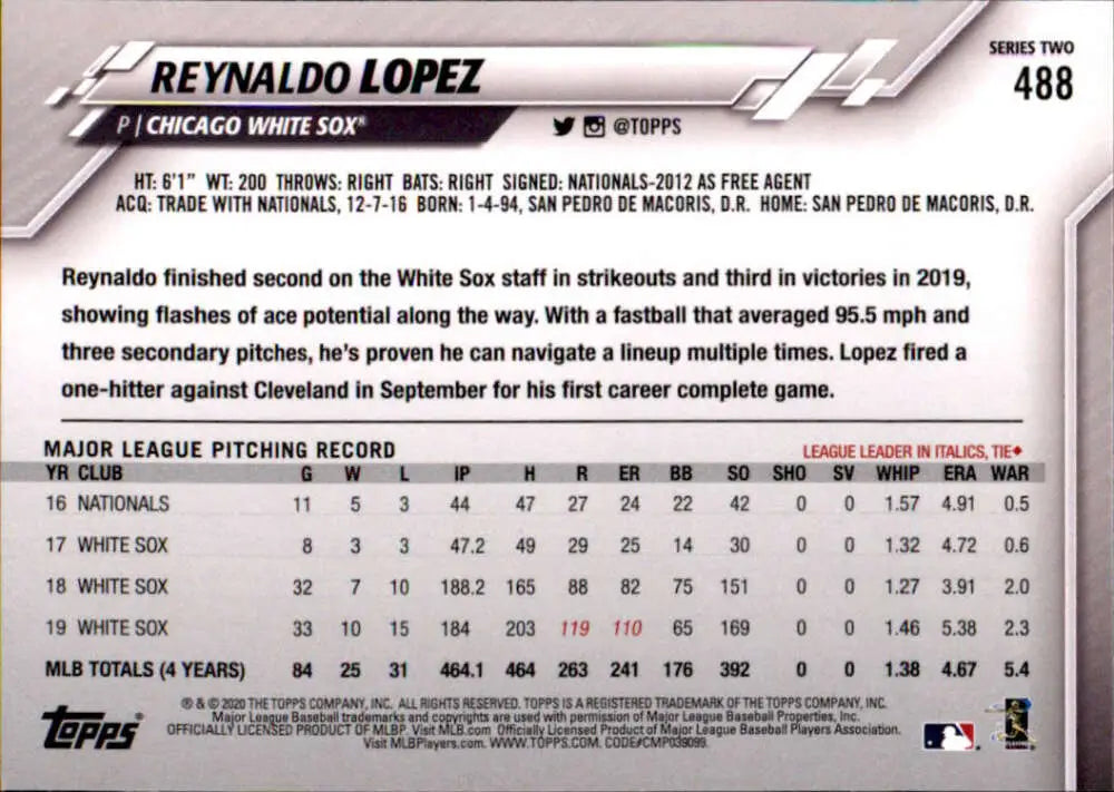 2020 Topps #488 Reynaldo Lopez NM-MT Chicago White Sox Baseball Card - Baseball Card Single