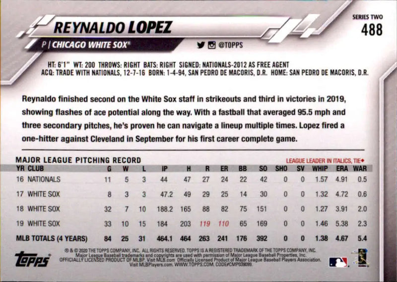 2020 Topps #488 Reynaldo Lopez NM-MT Chicago White Sox Baseball Card - Baseball Card Single
