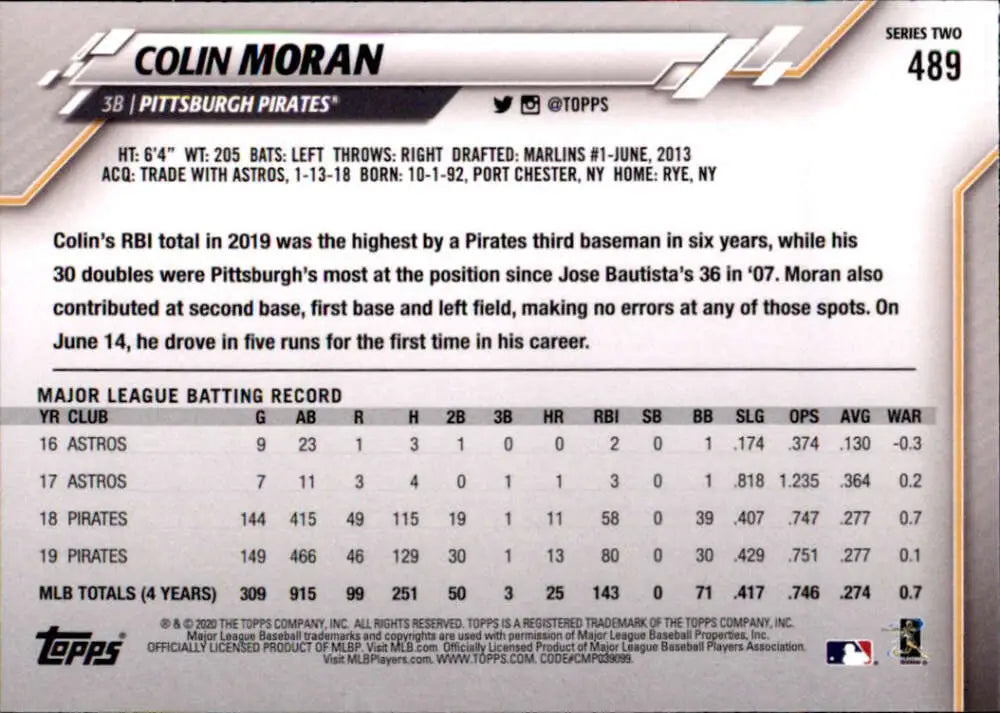 2020 Topps #489 Colin Moran NM-MT Pittsburgh Pirates Baseball Card - Baseball Card Single