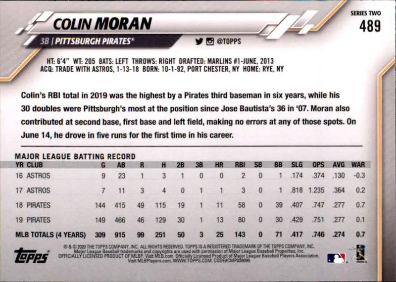 2020 Topps #489 Colin Moran NM-MT Pittsburgh Pirates Baseball Card - Baseball Card Single