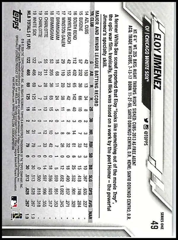 2020 Topps #49 Eloy Jimenez NM-MT Chicago White Sox Baseball Card - Baseball Card Single