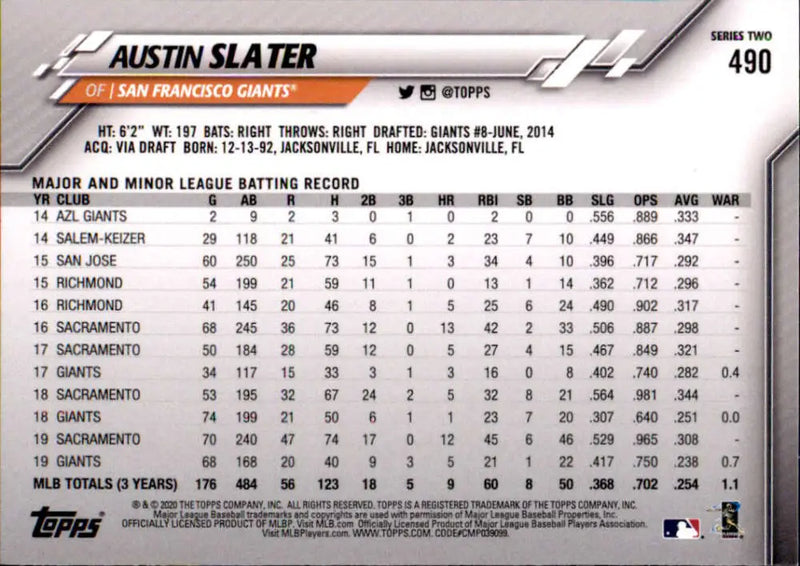 2020 Topps #490 Austin Slater NM-MT San Francisco Giants Baseball Card - Baseball Card Single
