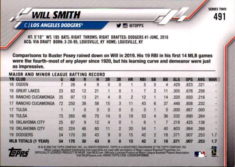 2020 Topps #491 Will Smith NM-MT Los Angeles Dodgers Baseball Card - Baseball Card Single