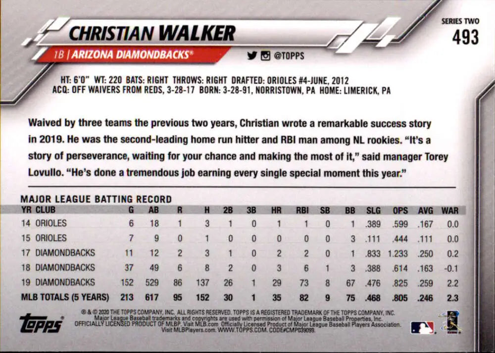 2020 Topps #493 Christian Walker NM-MT Arizona Diamondbacks Baseball Card - Baseball Card Single