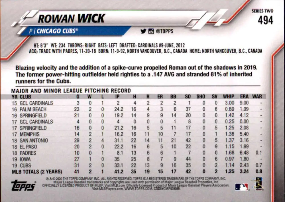 2020 Topps #494 Rowan Wick NM-MT Chicago Cubs Baseball Card - Baseball Card Single