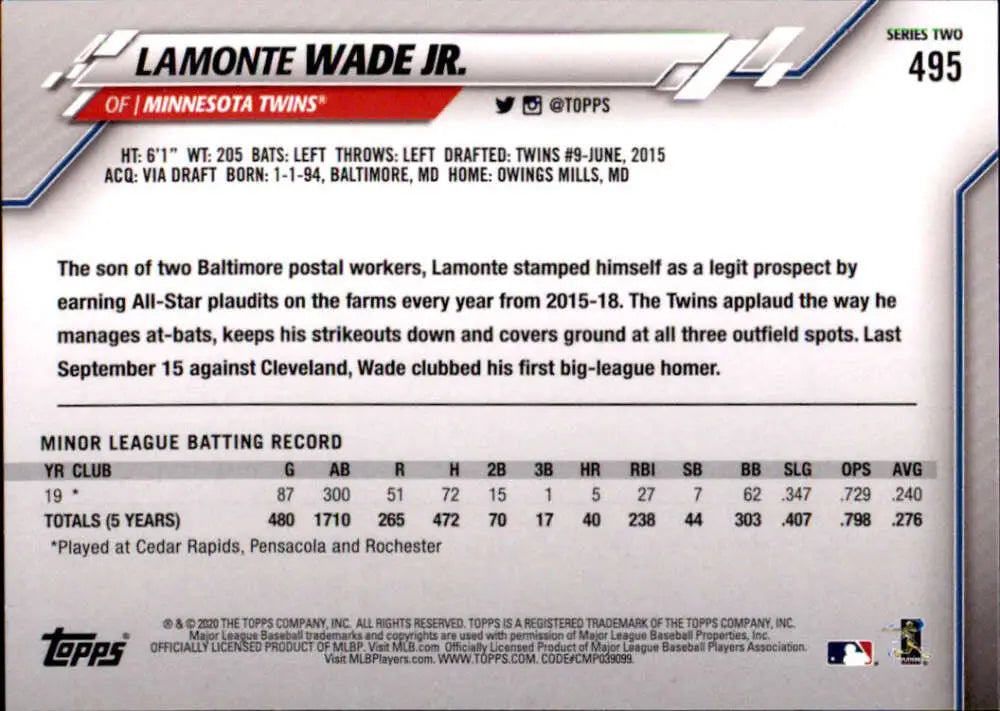 2020 Topps #495 Lamonte Wade Jr. NM-MT RC Rookie Minnesota Twins Baseball Card - Baseball Card Single