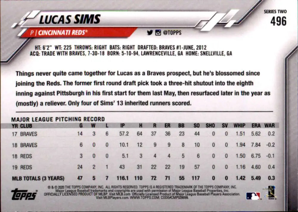 2020 Topps #496 Lucas Sims NM-MT Cincinnati Reds Baseball Card - Baseball Card Single