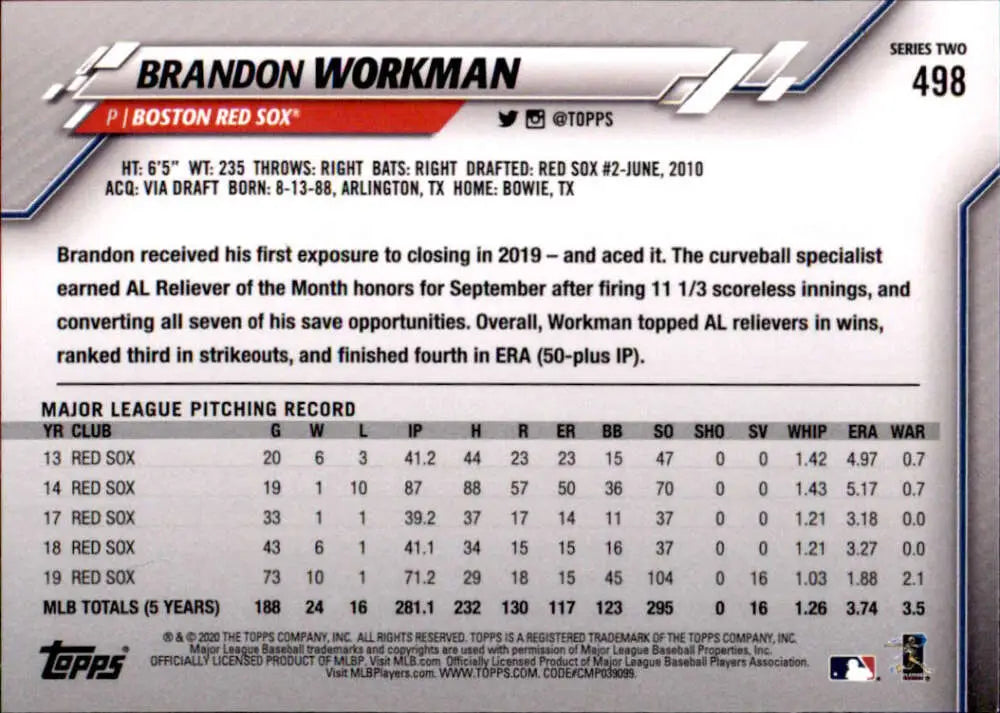 2020 Topps #498 Brandon Workman NM-MT Boston Red Sox Baseball Card - Baseball Card Single