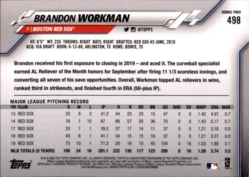 2020 Topps #498 Brandon Workman NM-MT Boston Red Sox Baseball Card - Baseball Card Single