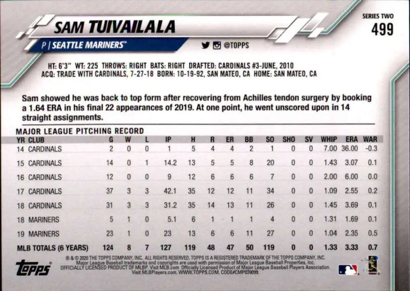 2020 Topps #499 Sam Tuivailala NM-MT Seattle Mariners Baseball Card - Baseball Card Single