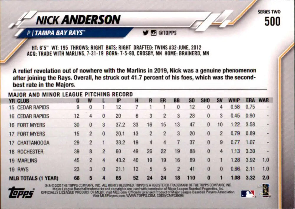 2020 Topps #500 Nick Anderson NM-MT Tampa Bay Rays Baseball Card - Baseball Card Single