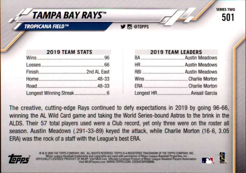 2020 Topps #501 Tampa Bay Rays NM-MT Tampa Bay Rays Baseball Card - Baseball Card Single