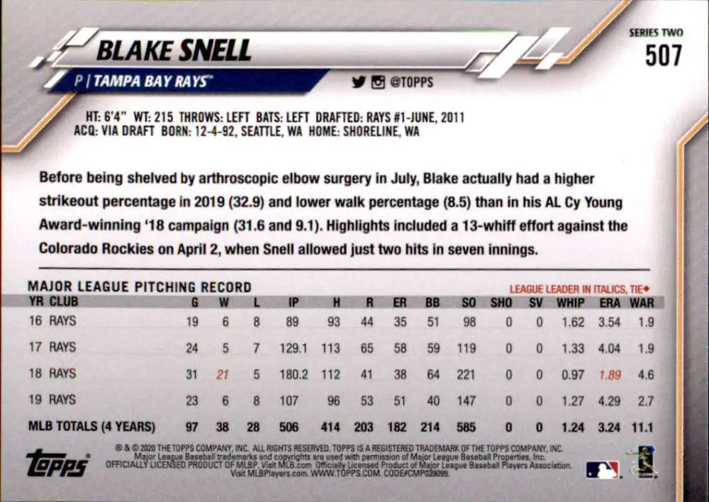 2020 Topps #507 Blake Snell NM-MT Tampa Bay Rays Baseball Card - Baseball Card Single