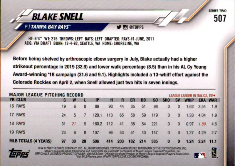 2020 Topps #507 Blake Snell NM-MT Tampa Bay Rays Baseball Card - Baseball Card Single