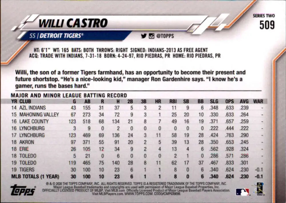 2020 Topps #509 Willi Castro NM-MT RC Rookie Detroit Tigers Baseball Card - Baseball Card Single